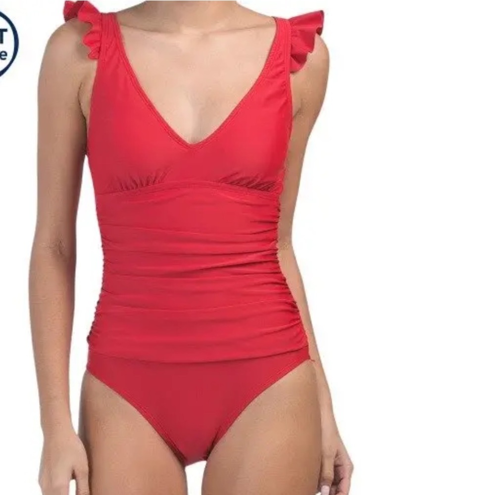 Ellen Tracy Vibrant Red Feminine Ruffle Sleeve One-Piece Swimsuit